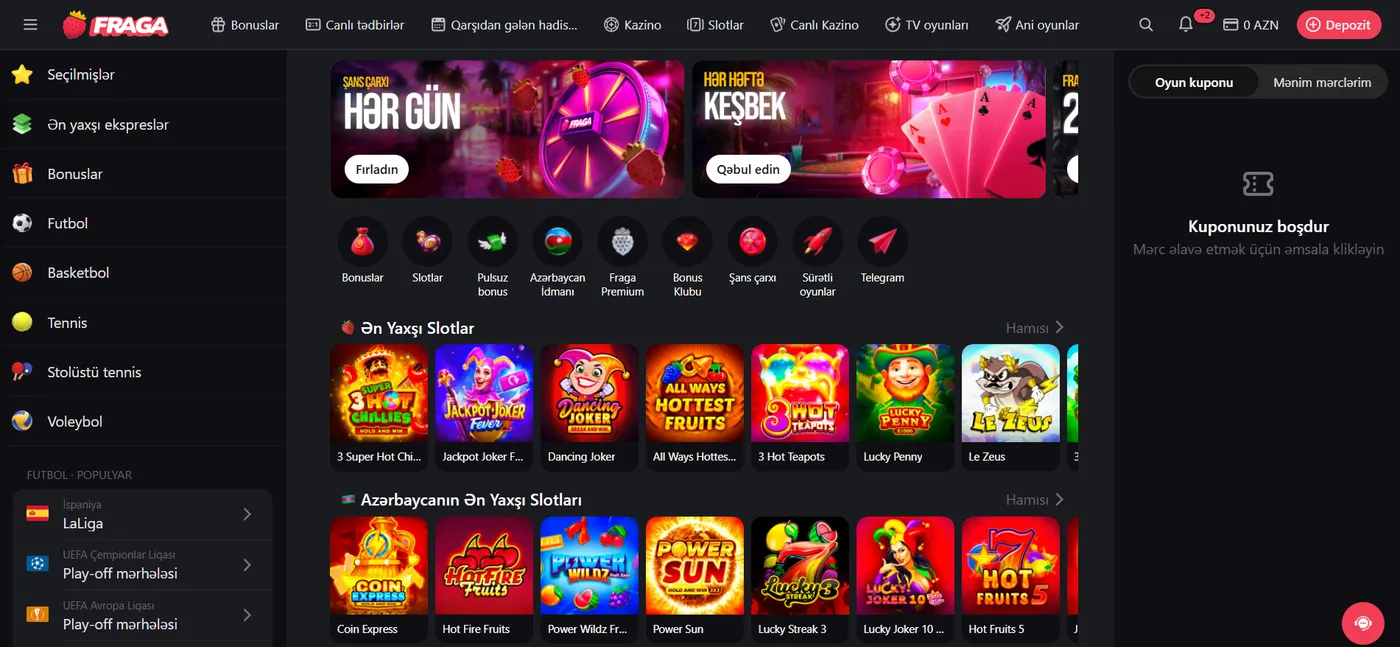 Fraga kazinoya daxil olduqdan sonra mövcud bonuslar